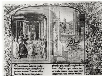 T.III fol.1 Froissart reçu à Orthez par le Comte Gaston de Foix, à qui il remet la lettre de Guy de Blois, de la Chronique de Froissart